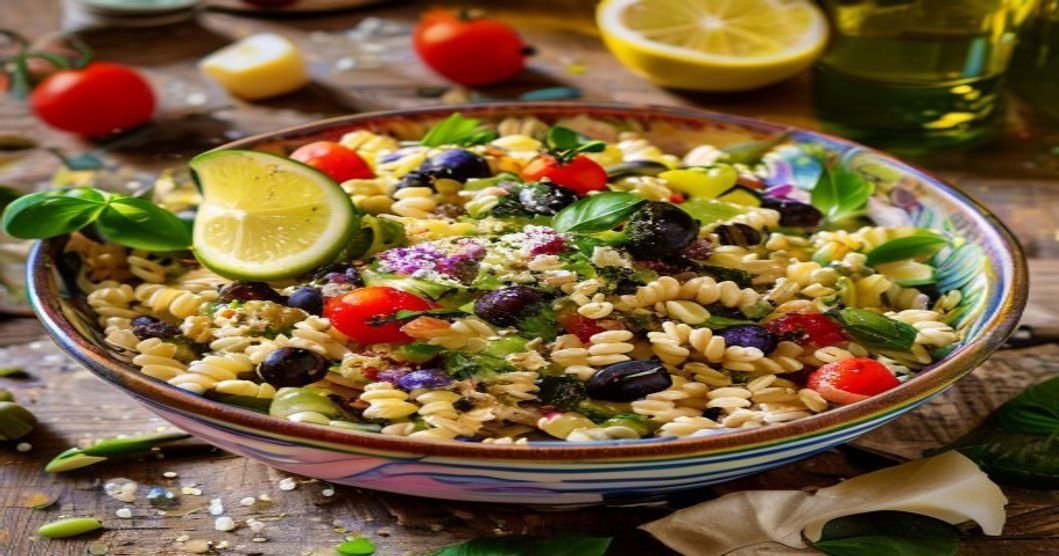 Fresh Mediterranean orzo salad with feta, cherry tomatoes, cucumber, olives, and herbs in a bowl