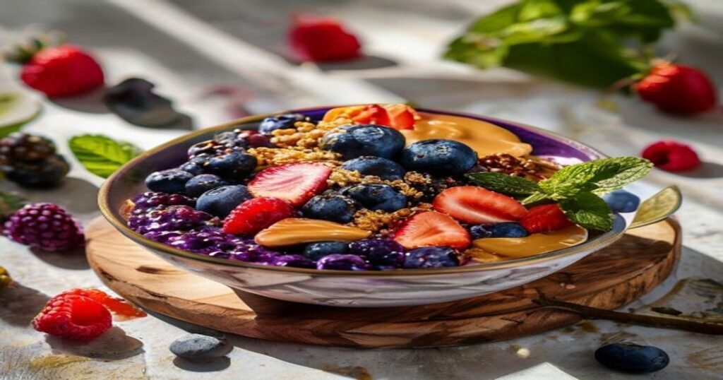 Vegan berry acai bowl with homemade granola ready in 10 minutes (118 characters)
