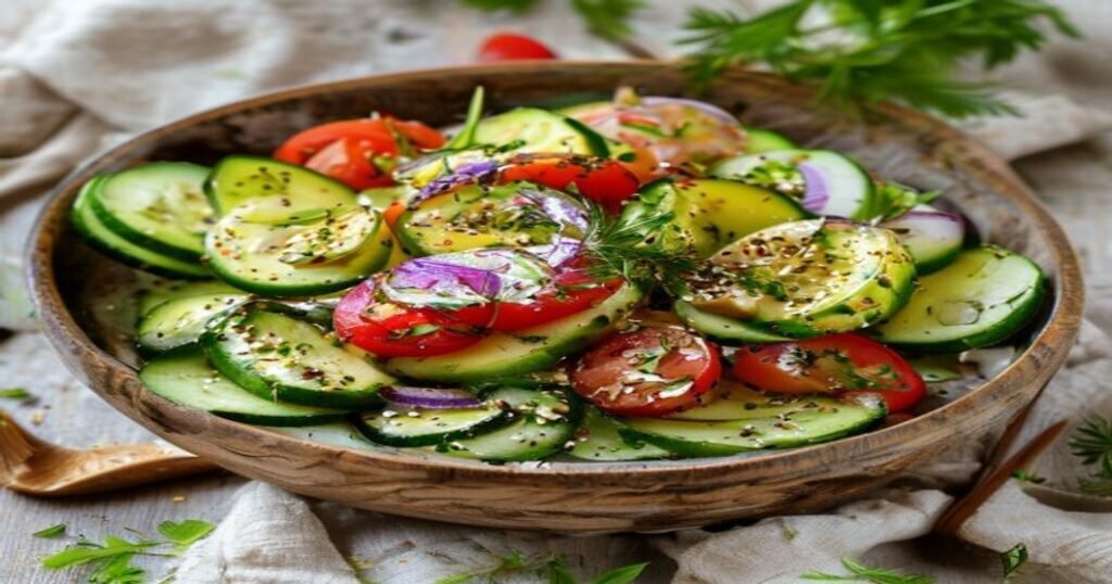 Fresh 10-minute vegan cucumber tomato avocado salad with lemon dressing (118 characters)