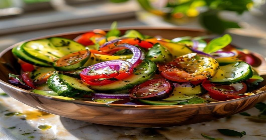 Fresh vegan cucumber tomato avocado salad in a bowl with herbs and lemon dressing