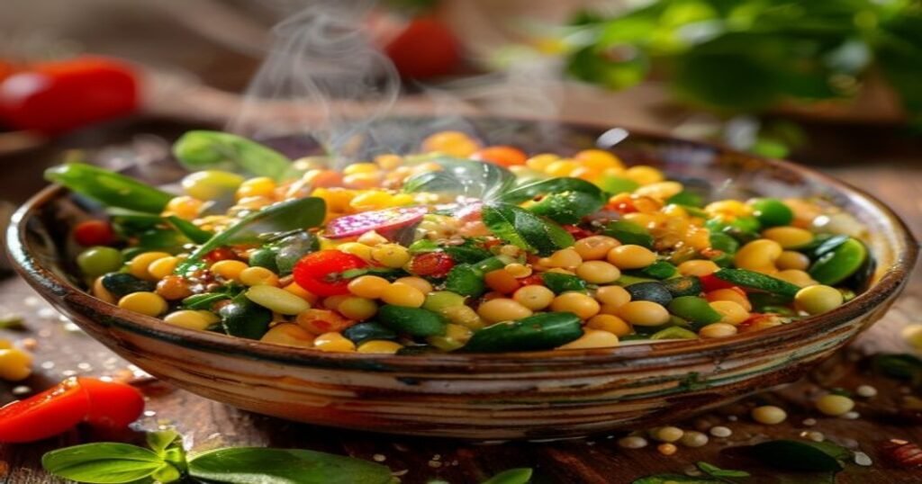 Quick & easy 10-Minute Vegan Edamame Succotash with corn, bell peppers, and fresh herbs