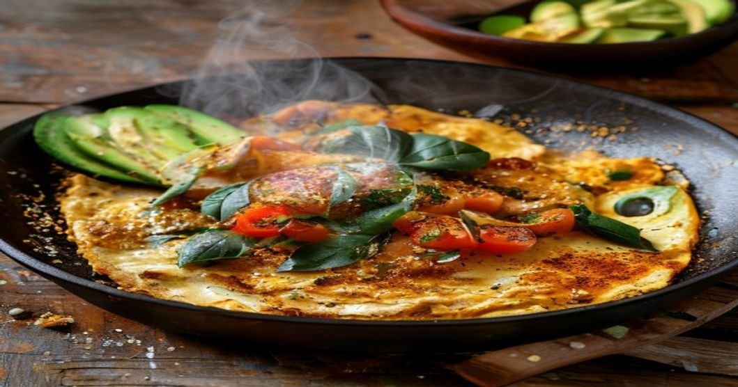 Quick 15-minute vegan chickpea flour omelet with veggies Vegan chickpea flour omelet ready in 15 minutes Easy vegan omelet made with chickpea flour 15-min vegan chickpea omelet recipe Plant-based chickpea flour omelet in 15 mins