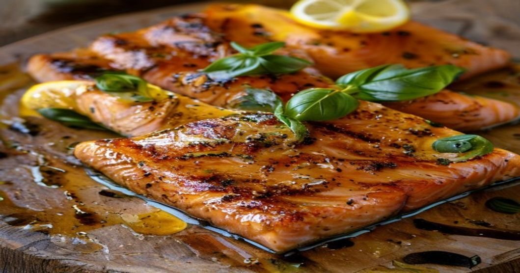 Grilled pesto butter salmon fillet with herbs in 20 minutes (118 characters)