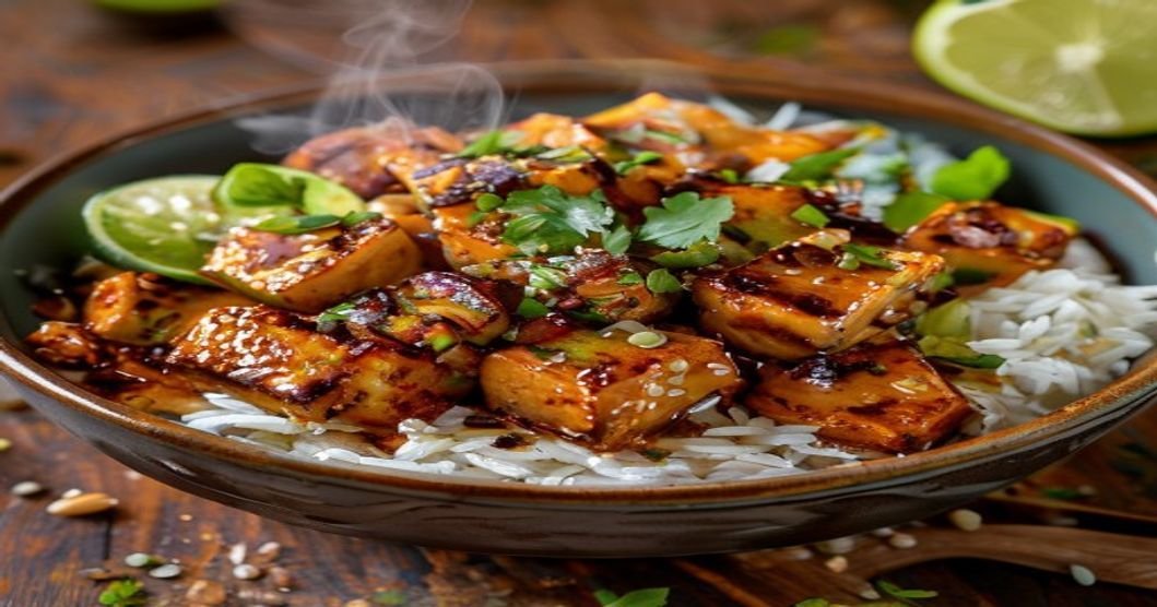 Spicy peanut butter tofu bowl with veggies ready in 20 minutes (118 characters)