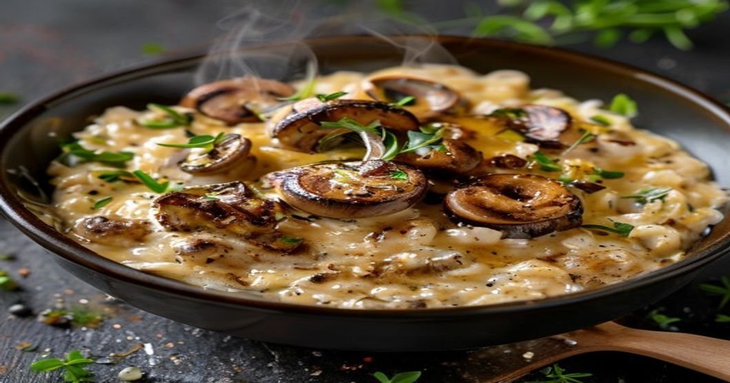 Vegan creamy mushroom risotto ready in 20 minutes with rich flavors and smooth texture