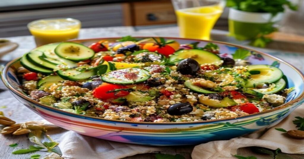 Fresh 20-minute vegan Mediterranean quinoa bowl with chickpeas, cucumber, olives, and lemon-tahini dressing