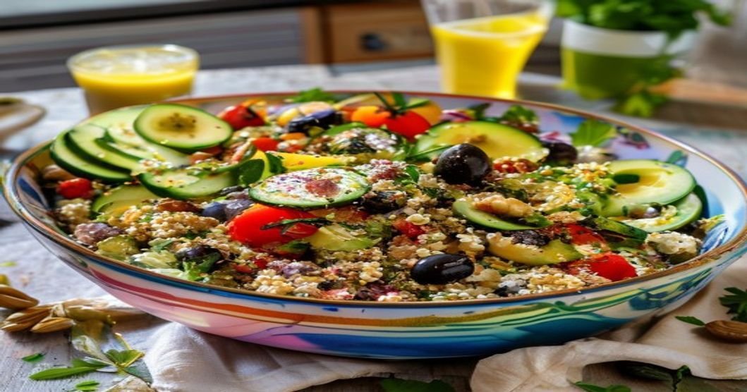 Fresh 20-minute vegan Mediterranean quinoa bowl with chickpeas, cucumber, olives, and lemon-tahini dressing