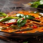 20-minute vegan Thai red curry with bamboo shoots and aromatic herbs (118 chars)