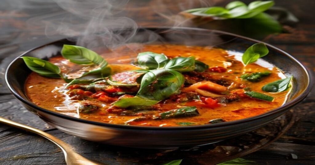 20-minute vegan Thai red curry with bamboo shoots and aromatic spices (118 chars)