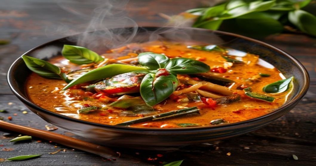 20-minute vegan Thai red curry with bamboo shoots and aromatic herbs (118 chars)