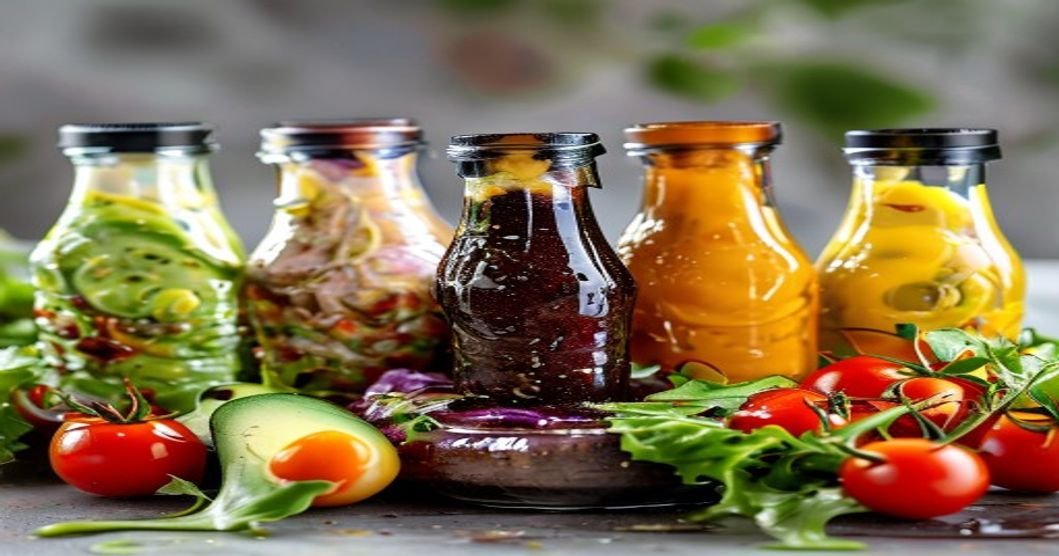 1. Fresh salad with vibrant homemade dressings 2. Colorful salad bowl with flavorful dressings 3. Healthy salad topped with delicious dressings 4. Appetizing salad with five tasty dressing options 5. Crisp greens drizzled with crave-worthy dressings 6. Salad dressings that make greens irresistible 7. Bright salad with five mouthwatering dressings 8. Easy homemade dressings for salad lovers 9. Salad bowl with flavor-packed dressing ideas 10. Tasty dressings to elevate your salad game