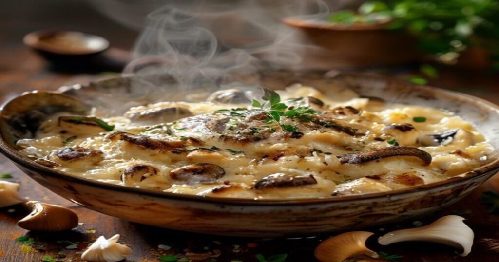 A big bowl of creamy vegan mushroom risotto, ready to enjoy