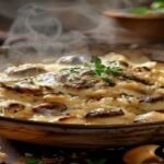 A big bowl of creamy vegan mushroom risotto, ready to enjoy