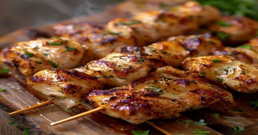 Air fryer garlic parmesan chicken skewers with crispy golden coating and savory herbs