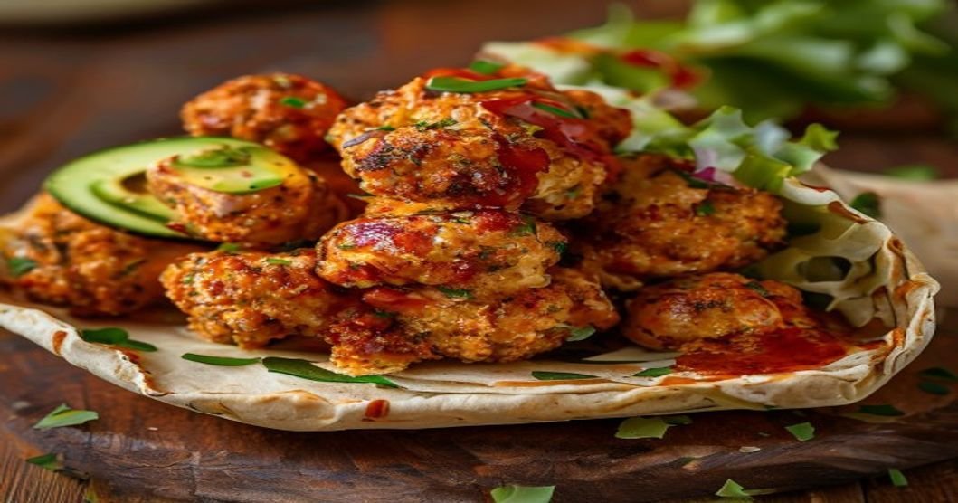 Spicy air-fried vegan buffalo cauliflower wraps with creamy dairy-free dressing (118 characters)