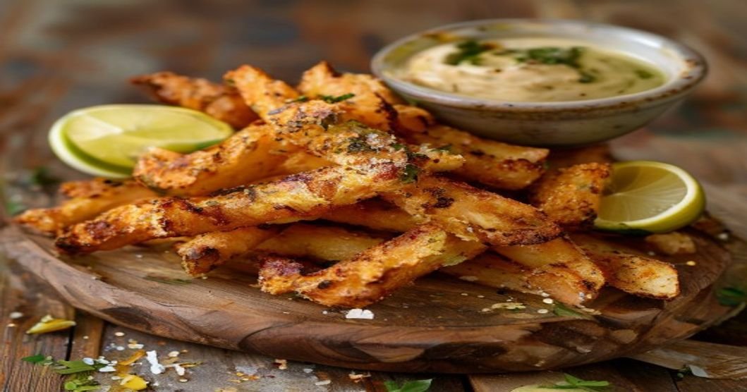 Air fryer vegan crispy green bean fries with crunchy coating and dipping sauce