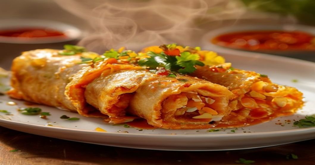 Air fryer vegan egg rolls with crispy wrappers and sweet chili sauce (118 characters)