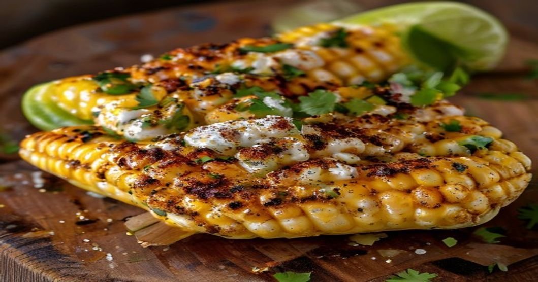 Grilled Mexican street corn (elote) with creamy mayo, cotija cheese, chili powder, and lime