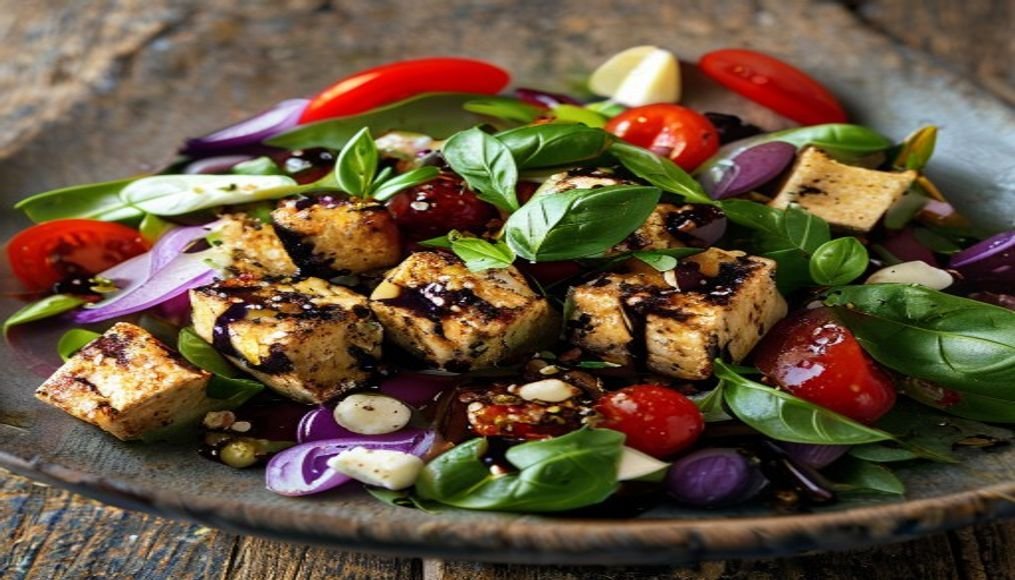 Balsamic-glazed tofu & berry spinach salad with fresh greens