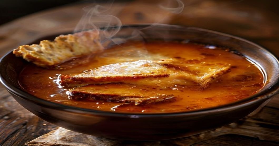 Classic French Onion Soup with golden Gruyère crostini