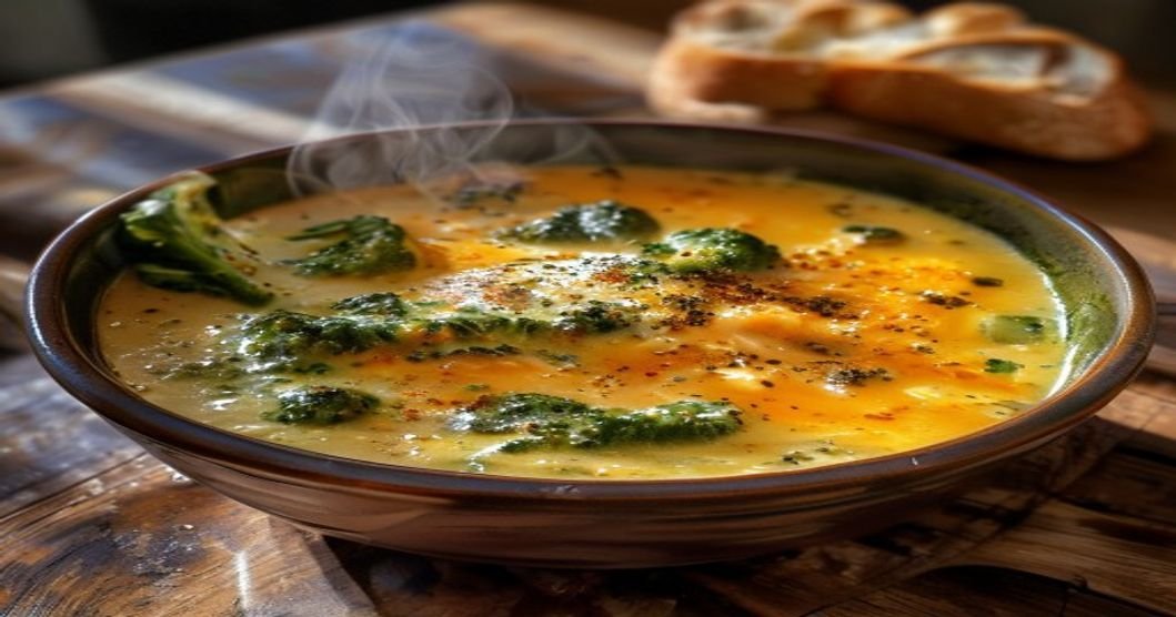 Broccoli cheddar soup in a bowl with bread like Panera’s copycat recipe (118 characters)