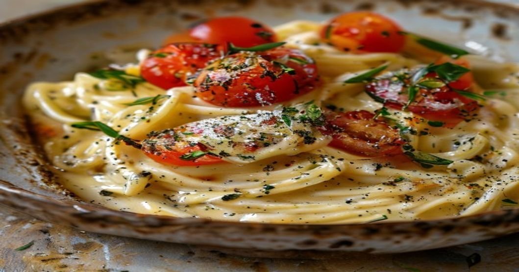 Creamy Boursin cheese pasta with juicy cherry tomatoes in a white bowl (118 characters)