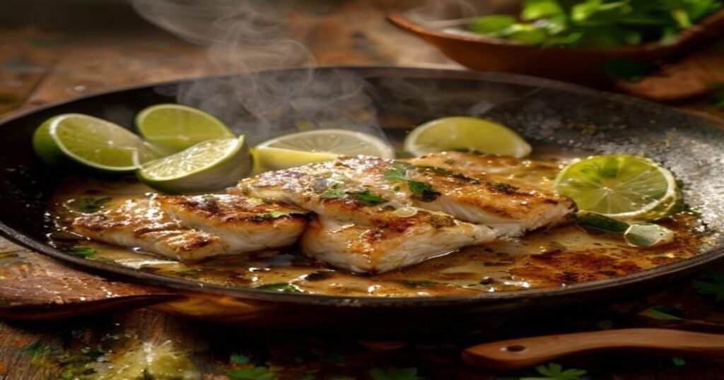Creamy coconut lime white fish skillet with fresh herbs