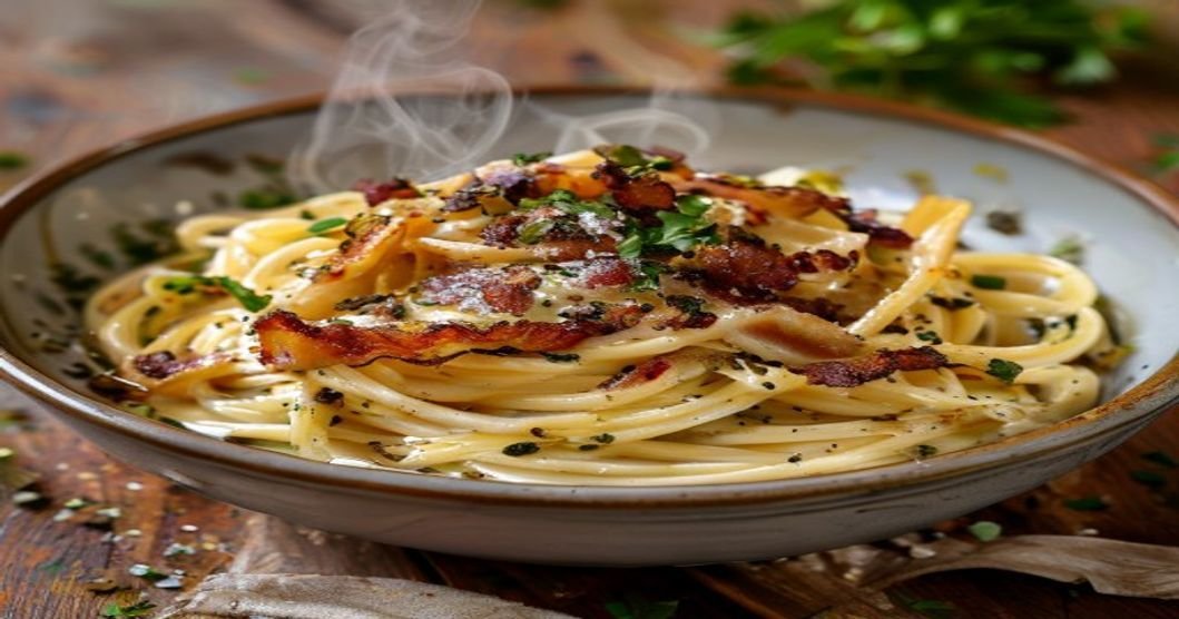 Creamy dairy-free carbonara with crispy vegan bacon