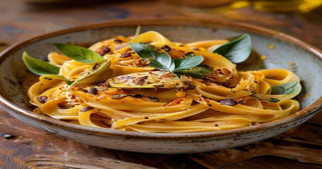Creamy dairy-free pumpkin pasta with sage and toasted seeds