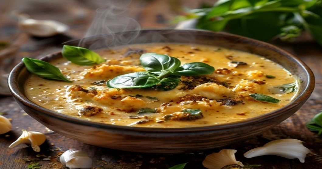 Creamy dairy-free roasted cauliflower soup in a bowl