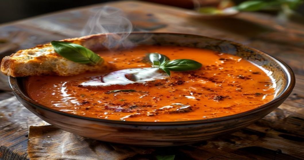 Creamy dairy-free roasted tomato basil soup in a bowl