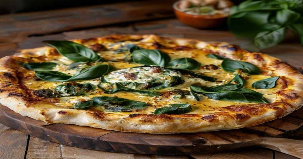 Creamy dairy-free spinach artichoke pizza with vegan cheese