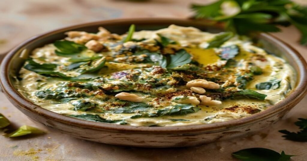 Creamy dairy-free spinach dip with fresh greens