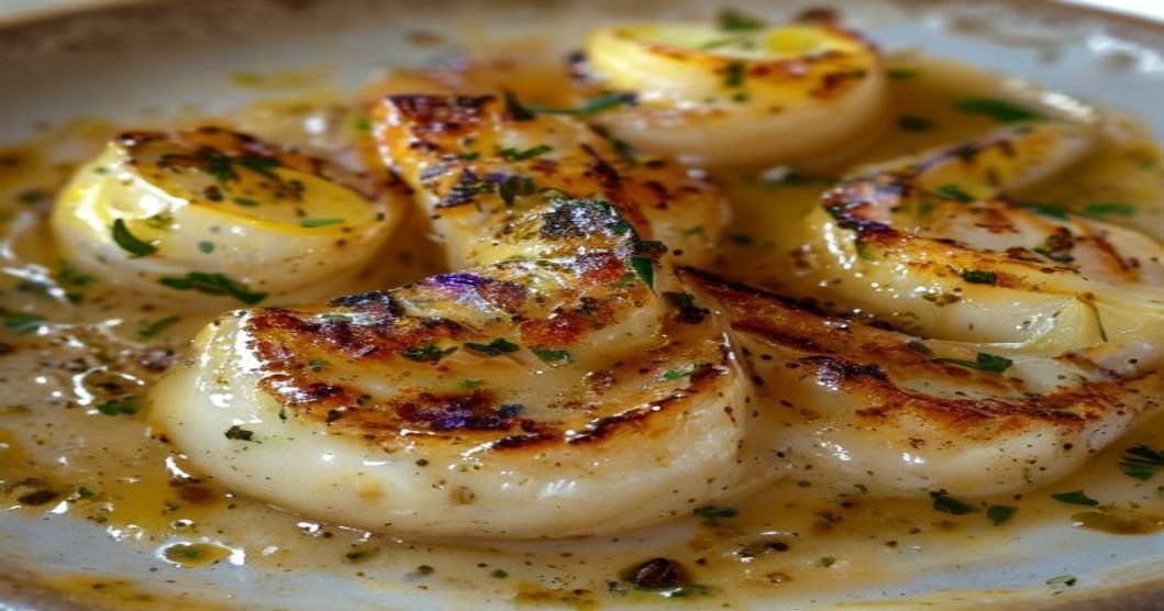 Lemon garlic butter scallops in creamy sauce on white plate with herbs