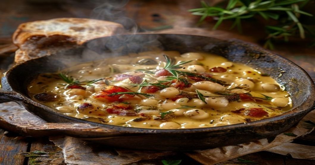 Creamy Tuscan white bean skillet with garlic, spinach, and sun-dried tomatoes in a rich broth (119 chars)