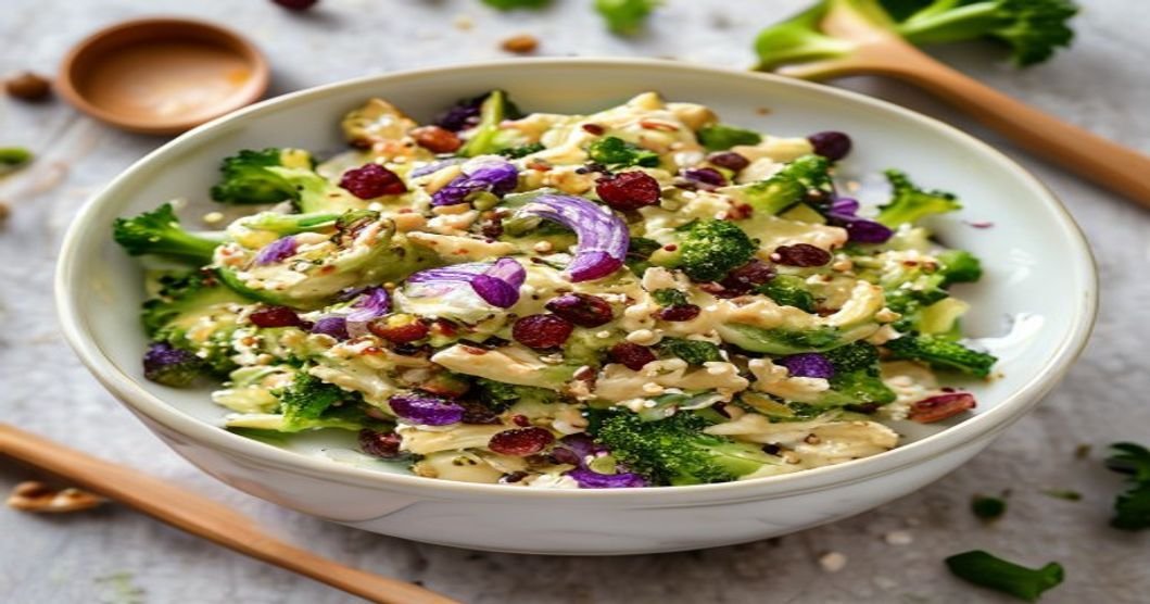 Creamy vegan broccoli salad with sunflower seeds