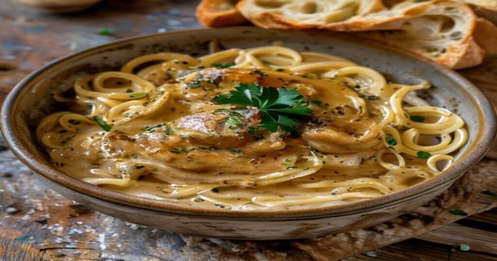 Creamy vegan mushroom stroganoff with egg-free noodles