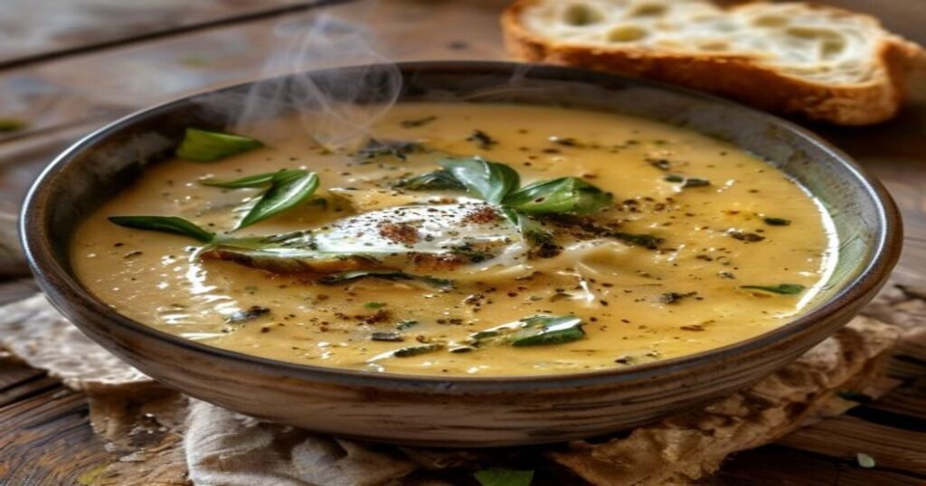 Creamy vegan potato leek soup in a white bowl with fresh herbs (118 characters)