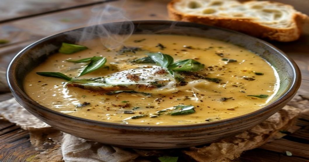 Creamy vegan potato leek soup in a white bowl with fresh herbs (118 characters)