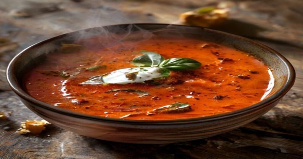 Creamy vegan roasted tomato basil soup in a bowl with fresh herbs and crusty bread (118 characters)
