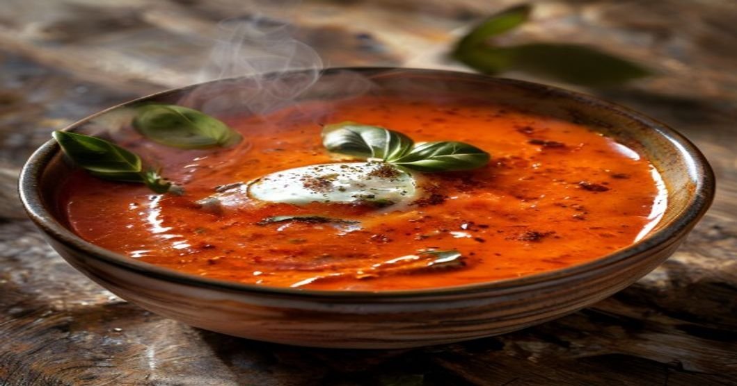 Warm creamy vegan roasted tomato basil soup in a bowl with fresh herbs