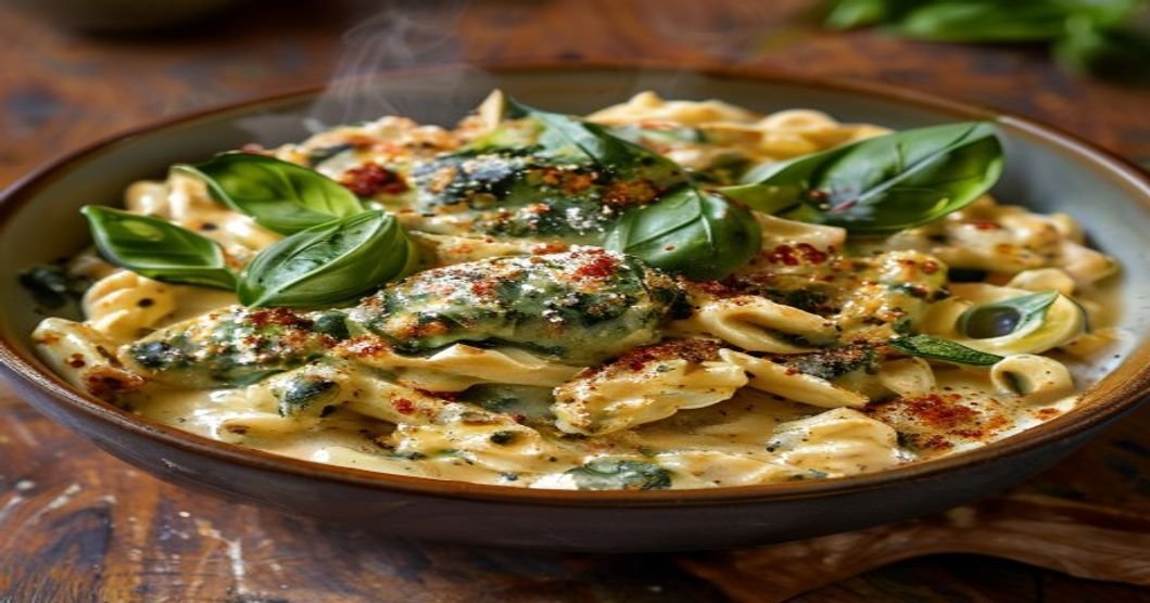 Creamy vegan spinach artichoke pasta with garlic and herbs in a white bowl Vegan spinach artichoke pasta in creamy cashew sauce with fresh herbs Dairy-free creamy spinach artichoke pasta dish with artichoke hearts Easy vegan spinach artichoke pasta recipe with rich cashew cream Plant-based creamy spinach artichoke pasta with garlic and lemon zest