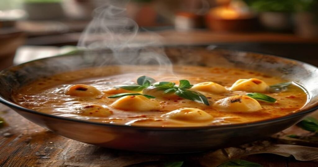 Creamy Vegan Tomato Tortellini Soup in a bowl