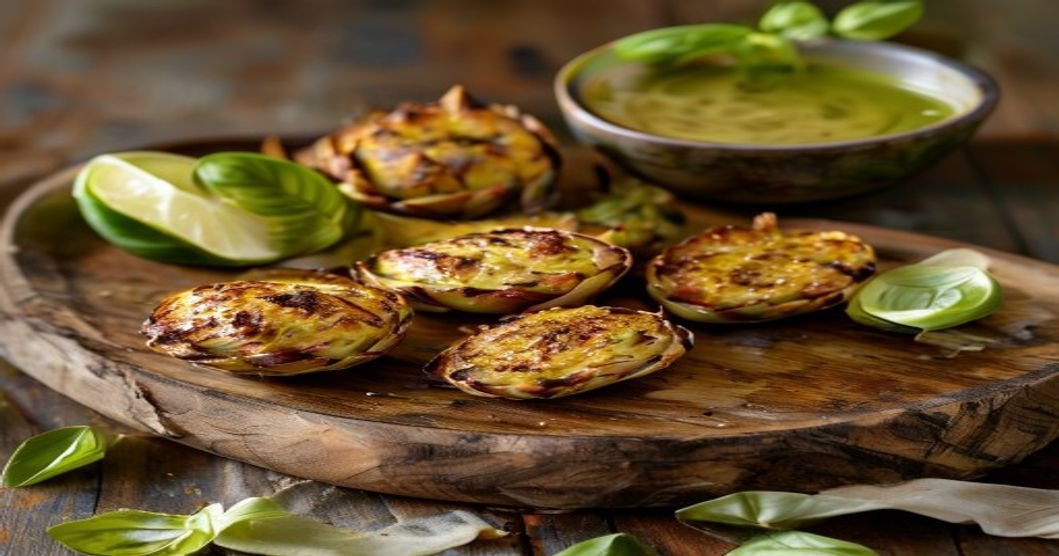 Crispy air fryer artichoke hearts with creamy vegan basil aioli recipe (118 characters)