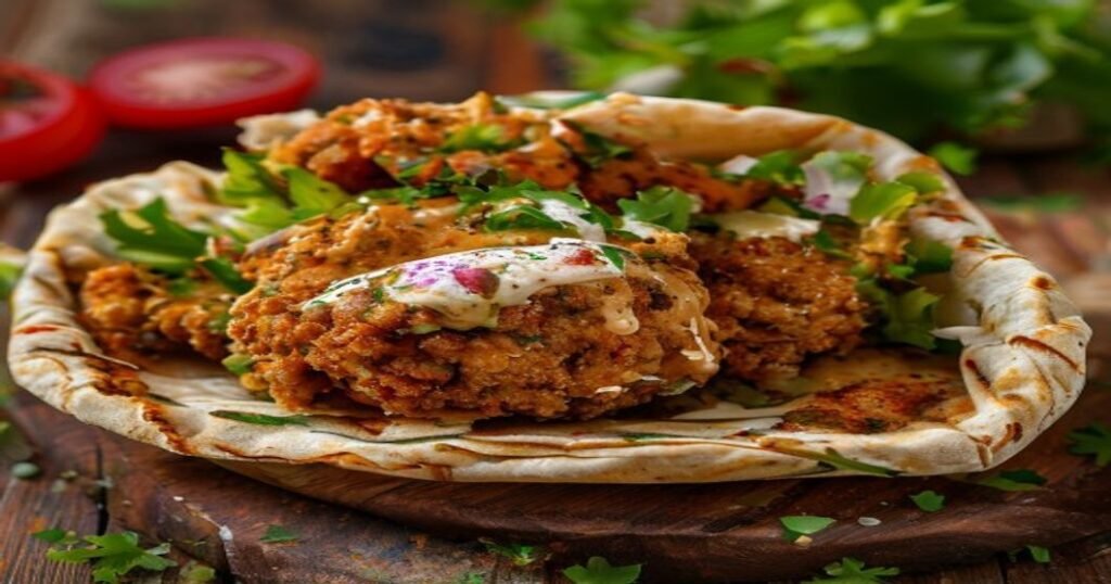 Crispy air fryer vegan falafel in warm pita pockets with fresh veggies (119 characters)