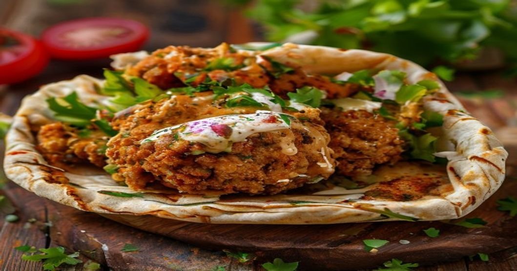 Crispy air fryer vegan falafel in warm pita pockets with fresh veggies (119 characters)