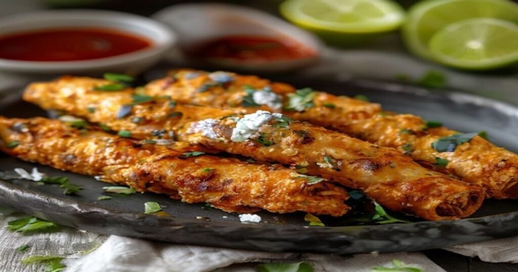 Crispy baked buffalo chickpea taquitos with spicy sauce