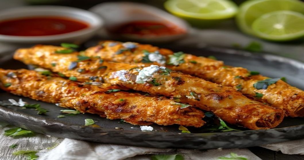 Crispy baked buffalo chickpea taquitos with spicy sauce