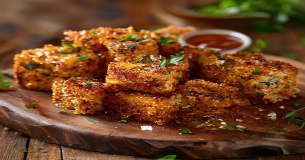 Crispy baked tofu with crunchy cornflake crust served on a plate (119 characters)