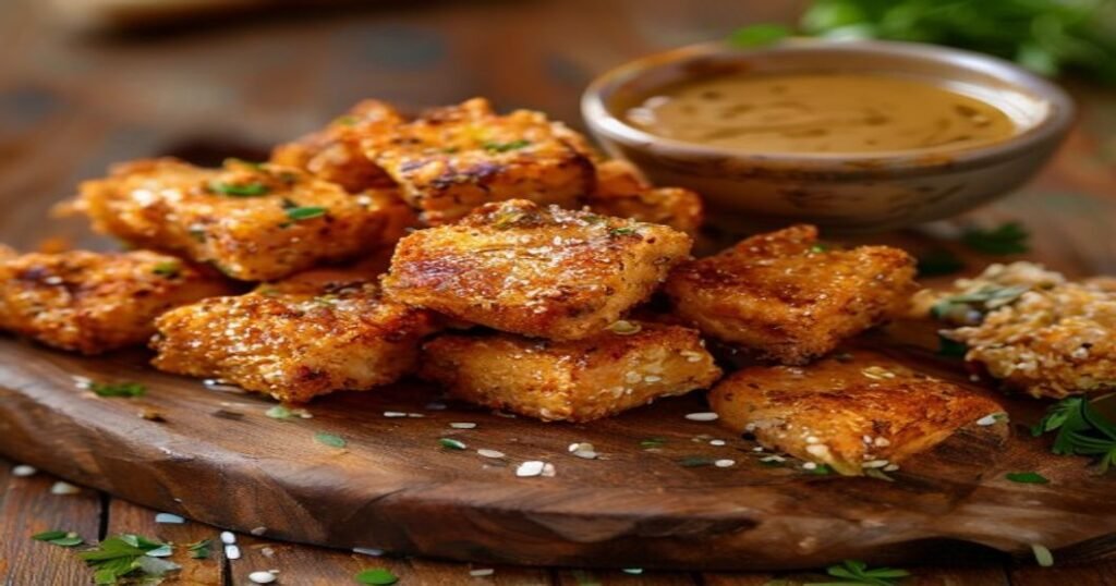 Crispy baked tofu nuggets with creamy vegan honey mustard dip (118 characters)